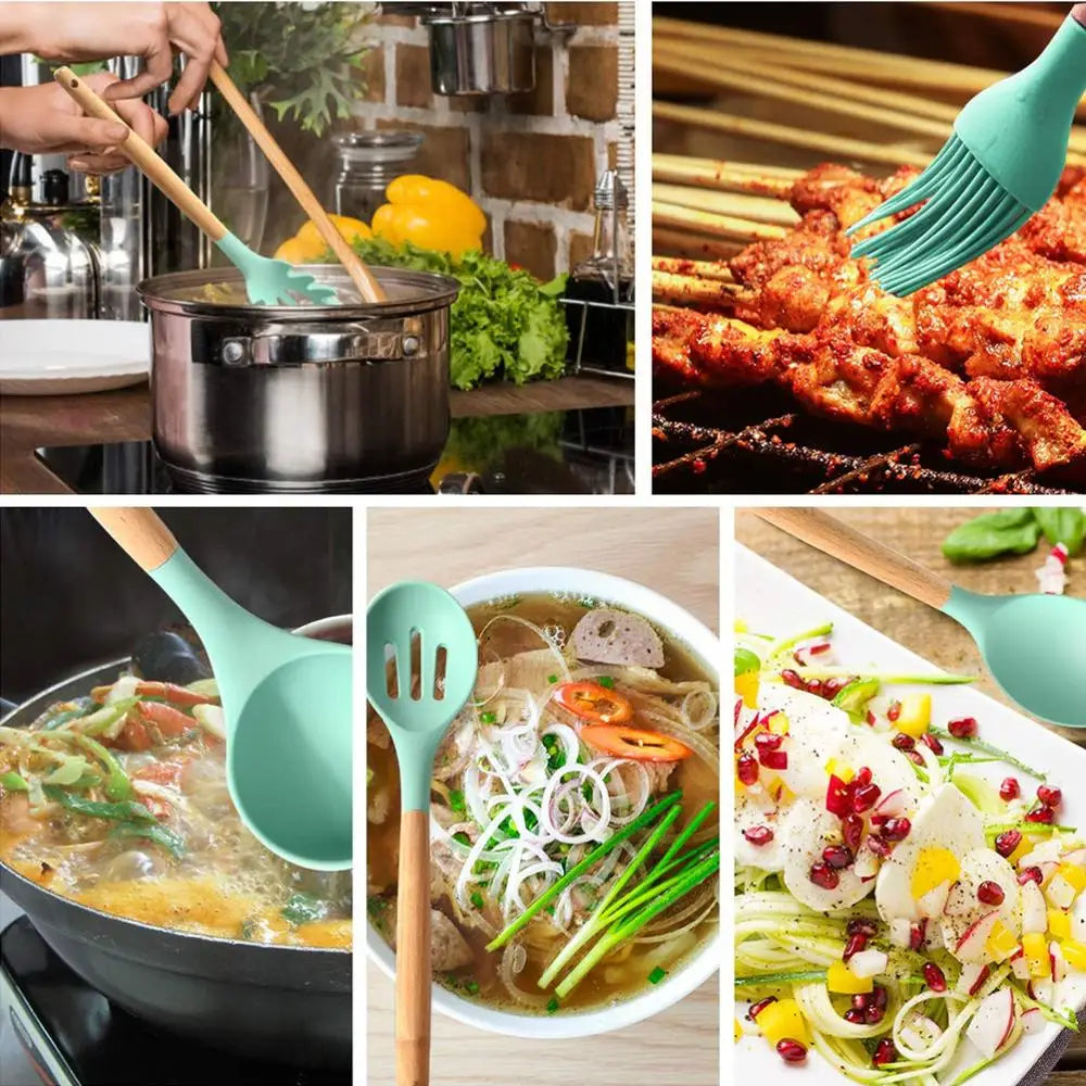 Ultimate Premium Silicone Cooking Utensils Set - Complete Heat Resistant Kitchen Tools for Effortless Cooking and Baking, including Turner, Tongs, Spatula, Spoon, Brush, and Whisk (Model JT888)