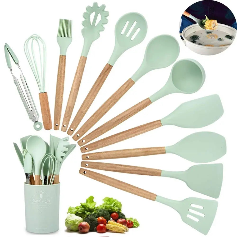 Ultimate Premium Silicone Cooking Utensils Set - Complete Heat Resistant Kitchen Tools for Effortless Cooking and Baking, including Turner, Tongs, Spatula, Spoon, Brush, and Whisk (Model JT888)